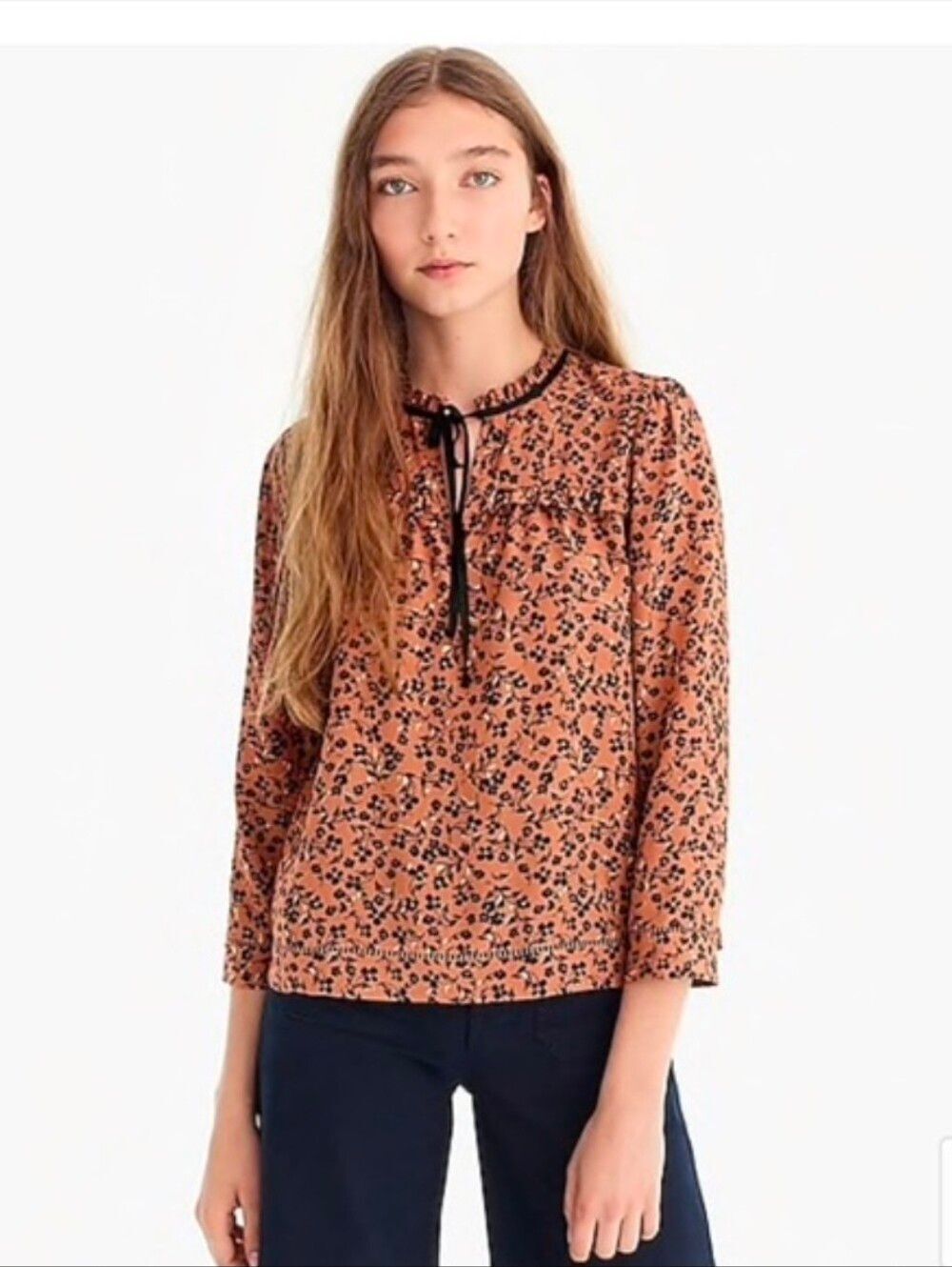 J. Crew Point Sur 100% Silk Popover Blouse XS Caramel Floral Bohemian Peasant